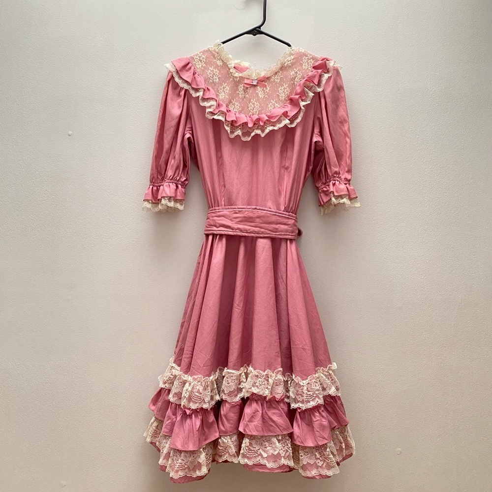 Vintage - Jeri Bee 1980 Rockabilly Pink Lace Trim Square Dance Prairie Dress